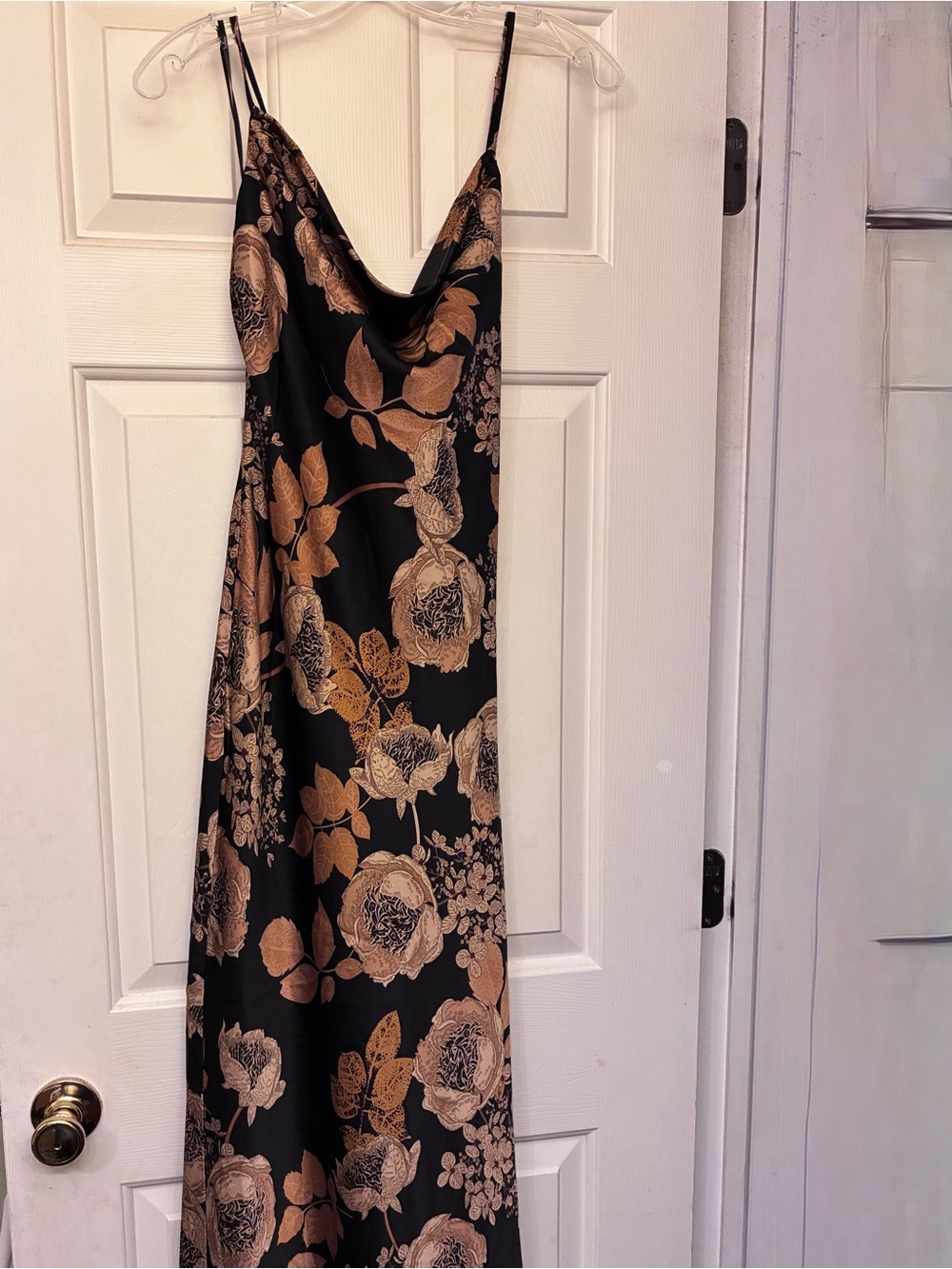 Lulu's Black Satin Maxi Slip Dress with Gold Floral Print, size medium, new